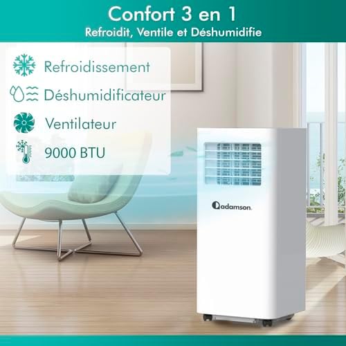 Adamson A9000 | Climatiseur Mobile Silencieux 3 en 1 + NOUVEAUTÉ 2024 + Déshumidificateur + Climatiseur Portable 9000 BTU + Ventilateur et Climatisation + Clim Mobile avec Menagerexpress