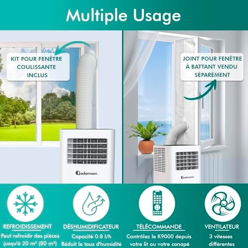 Adamson A9000 | Climatiseur Mobile Silencieux 3 en 1 + NOUVEAUTÉ 2024 + Déshumidificateur + Climatiseur Portable 9000 BTU + Ventilateur et Climatisation + Clim Mobile avec Menagerexpress
