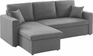 Alice's Home - Canapé d'angle Convertible en Tissu Gris chiné foncé - IDA - 3 Places. Fauteuil d'angle réversible Coffre Rangement lit modulable. 2 Coussins Inclus.