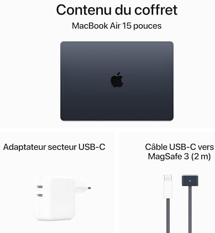 Apple 2024 Portable MacBook Air 15 Pouces avec Puce M3 écran Liquid Retina 153 Pouces 16 Go de mémoire unifiée 512 Go de Stockage SSD Clavier rétroéclairé caméra FaceTime Menagerexpress