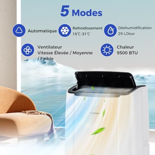 COSTWAY Climatiseur Mobile Silencieux 12000BTU 6 EN 1 Refroidissement 42m²+ChauffageVentilateurDéshumidificateurMode NuitClimatisation RapideClim Mobile Menagerexpress