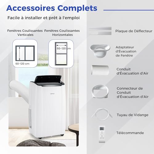 COSTWAY Climatiseur Mobile Silencieux 12000BTU 6 EN 1 Refroidissement 42m²+ChauffageVentilateurDéshumidificateurMode NuitClimatisation RapideClim Mobile Menagerexpress