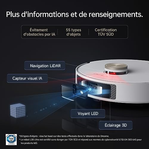 dreame L20 Ultra Robot Aspirateur Laveur avec Technologie MopExtend démontage Levage et AutoLavage des serpillières 7 000 Pa AI Action LDS Navigation Station Automatique Menagerexpress
