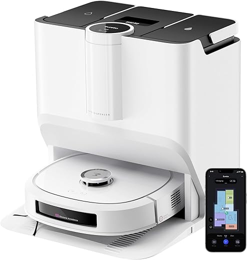 EUREKA J20 Robot Aspirateur Laveur Serpillière à Chenille 17 N 6000mAh Aspirateur Robot Laveur avec Station Autonettoyante 8000 Pa Détection de Tapis AI Détection Menagerexpress