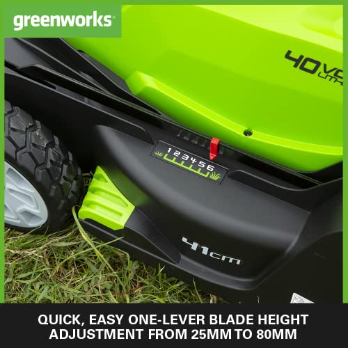 Greenworks G40LM41K2X Tondeuse à Gazon sans Fil pour Pelouses Jusquà 500m² Largeur de Coupe 41 cm Sac de 50L INCLUS Deux Batteries 40V 2Ah et Un Chargeur Garantie 3 Ans Menagerexpress