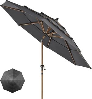 HAPPATIO Parasol de terrasse d'extérieur à 3 étages ventilé en grain de bois de 2,7 m avec tissu acrylique teint en fil de 250 g/m² (gris)