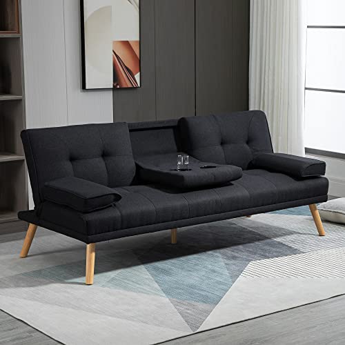 HOMCOM Canapé Convertible 3 Places Design scandinave Inclinaison Dossier réglable 3 Niveaux Dossier Centrale Rabattable 2 PorteVerres Bois Massif Lin Gris Menagerexpress