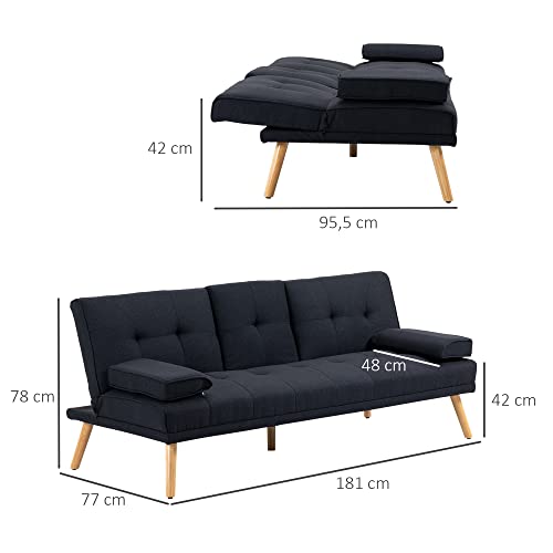 HOMCOM Canapé Convertible 3 Places Design scandinave Inclinaison Dossier réglable 3 Niveaux Dossier Centrale Rabattable 2 PorteVerres Bois Massif Lin Gris Menagerexpress