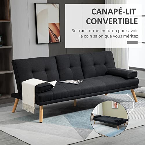 HOMCOM Canapé Convertible 3 Places Design scandinave Inclinaison Dossier réglable 3 Niveaux Dossier Centrale Rabattable 2 PorteVerres Bois Massif Lin Gris Menagerexpress