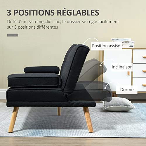 HOMCOM Canapé Convertible 3 Places Design scandinave Inclinaison Dossier réglable 3 Niveaux Dossier Centrale Rabattable 2 PorteVerres Bois Massif Lin Gris Menagerexpress
