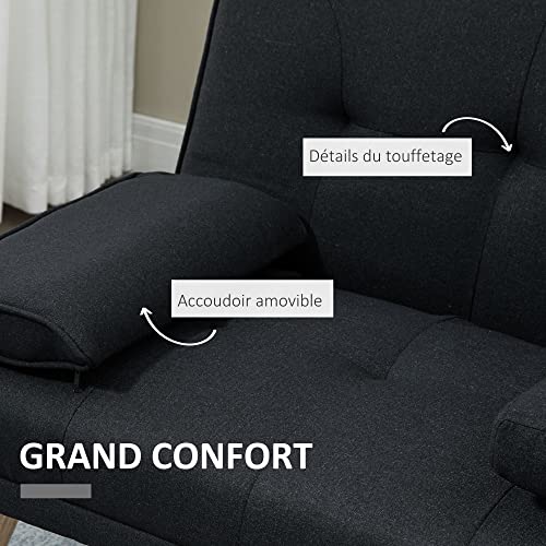 HOMCOM Canapé Convertible 3 Places Design scandinave Inclinaison Dossier réglable 3 Niveaux Dossier Centrale Rabattable 2 PorteVerres Bois Massif Lin Gris Menagerexpress