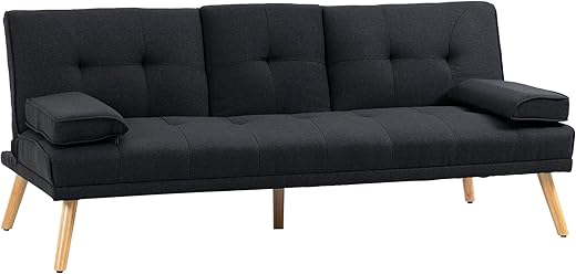 HOMCOM Canapé Convertible 3 Places Design scandinave Inclinaison Dossier réglable 3 Niveaux Dossier Centrale Rabattable 2 PorteVerres Bois Massif Lin Gris Menagerexpress