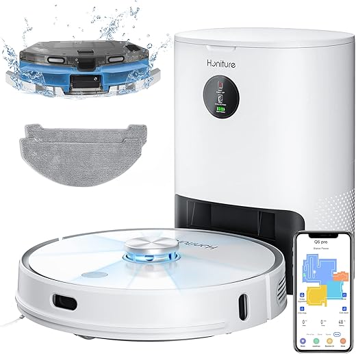 HONITURE Robot Aspirateur Laveur avec Station de Vidange Aspirateur Robot Laser Q6 Pro 3500pa WiFiAPPAlexa Contrôle Cartographie 5étages Idéal pour Poils danimaux Menagerexpress