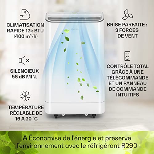 Klarstein Climatiseur Mobile Silencieux 4 en 1 Mode Nuit Déshumidificateur Ventilateur Mini Climatisation à Faible Conso Evacuation Clim Portable Puissante 12000 BTU Menagerexpress