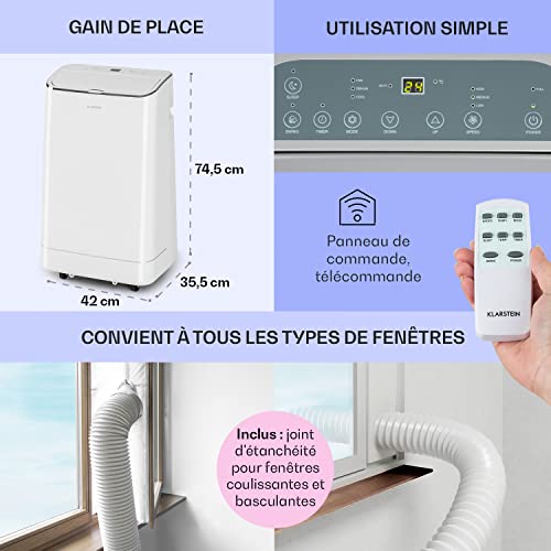 Klarstein Climatiseur Mobile Silencieux 4 en 1 Mode Nuit Déshumidificateur Ventilateur Mini Climatisation à Faible Conso Evacuation Clim Portable Puissante 12000 BTU Menagerexpress