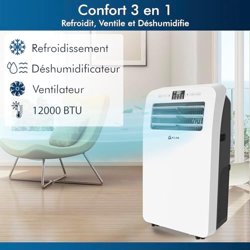 KLIM AC12000 | Climatiseur Mobile 12 000 BTU Puissant Silencieux + NOUVEAUTÉ 2024 + Déshumidificateur + Ventilateur et Climatisation + Clim Mobile avec Télécommande + GARANTI Menagerexpress
