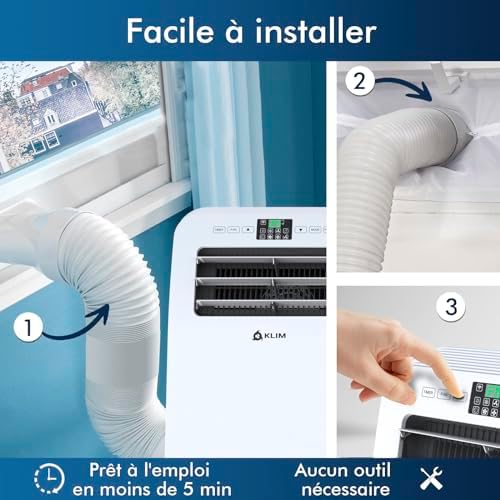 KLIM AC12000 | Climatiseur Mobile 12 000 BTU Puissant Silencieux + NOUVEAUTÉ 2024 + Déshumidificateur + Ventilateur et Climatisation + Clim Mobile avec Télécommande + GARANTI Menagerexpress