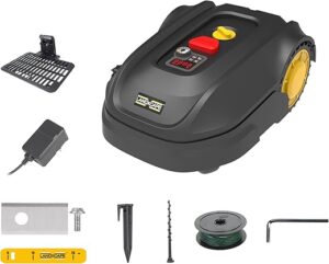 LANDXCAPE Robot Tondeuse sans Fil 300m² LX850, Système de Coupe/Mulching à 3 Lames, Tondeuse à Gazon, Détecteur de Choc, Charge Latérale Affichage Numérique