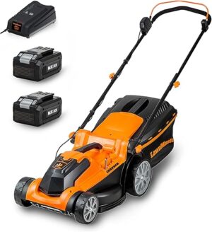 LawnMaster CLMF2437G Tondeuse à Gazon sans Fil 24V Max 2x4.0Ah Batterie, 37cm, Jusqu'à 300m² Paillage 40L, Hauteur de Coupe à 6 Niveaux 22-72mm 2 Ans de Garantie