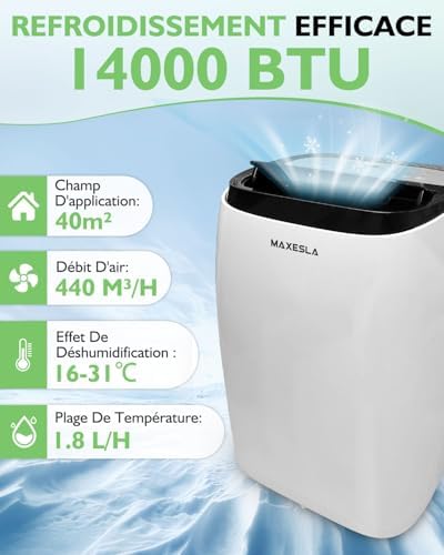 Maxesla Climatiseur Portable 14000 BTU 3 en 1 Déshumidificateur Portable Air Conditioner Avec 3 Vitesses de Ventilateur Affichage Numérique et Télécommande et Minuterie de Menagerexpress