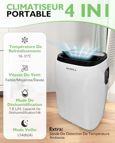 Maxesla Climatiseur Portable 14000 BTU 3 en 1 Déshumidificateur Portable Air Conditioner Avec 3 Vitesses de Ventilateur Affichage Numérique et Télécommande et Minuterie de Menagerexpress