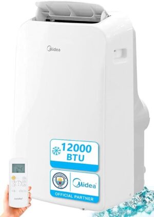 MIDEA Climatiseur Mobile Silencieux 12000 BTU avec Évacuation - Climatisation Portable Prêt à Poser 3500W - Clim Réversible Split Mobile - 3 Vitesses avec Kit de Fenêtre et...