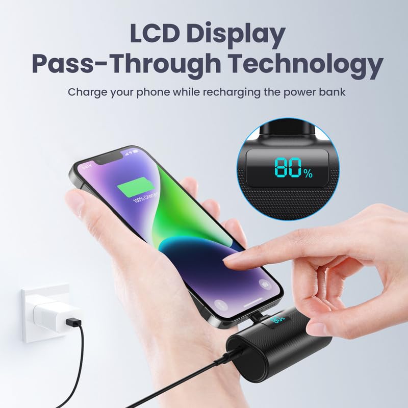 Mini Batterie Externe pour iPhone 5200mAh Power Bank UltraCompact et Léger 20W PD Charge Rapide Chargeur Externe avec Écran LCD Petit Batterie Portable Compatible avec Menagerexpress