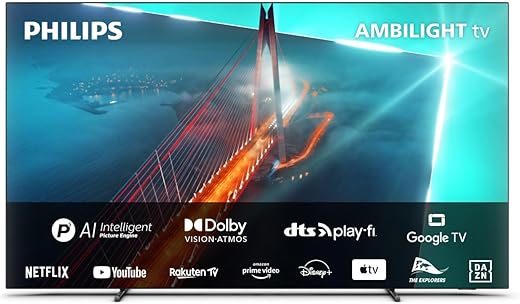 Philips Ambilight OLED70812 139 cm 55 Pouces Smart 4K OLED TV | UHD HDR10+ | 120Hz | Moteur P5 AI Perfect Picture | Dolby Atmos | Enceintes 20W | Compatible avec Menagerexpress