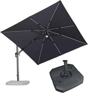 PURPLE LEAF Parasol Déporté 3 x 3 m avec Pieds de Parasol, Parasol de Jardin Extérieur Inclinable avec LED Solaire, Toile Protection UV, Gris