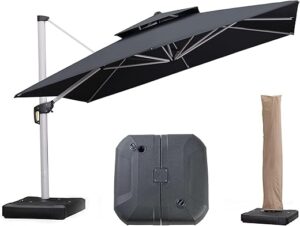 PURPLE LEAF Parasol Déporté 3.65 x 3.65 m Carré avec Pieds de Parasol, Luxueux Parasol De Jardin Extérieur Toit à Double avec Housse de Protection, Gris acier