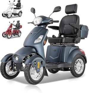 Scooter électrique à 4 roues avec 3 vitesses, grand espace de stockage, tête et accoudoirs réglables et dossier. Convient pour différents terrains avec phares, feux arrière et...