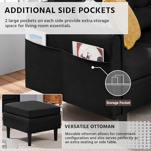 Yaheetech Canapé 3 Places avec Pouf Design Modern Canapé dAngle Rembourré en Tissu pour SalonChambreBureauAppartement Noir Menagerexpress